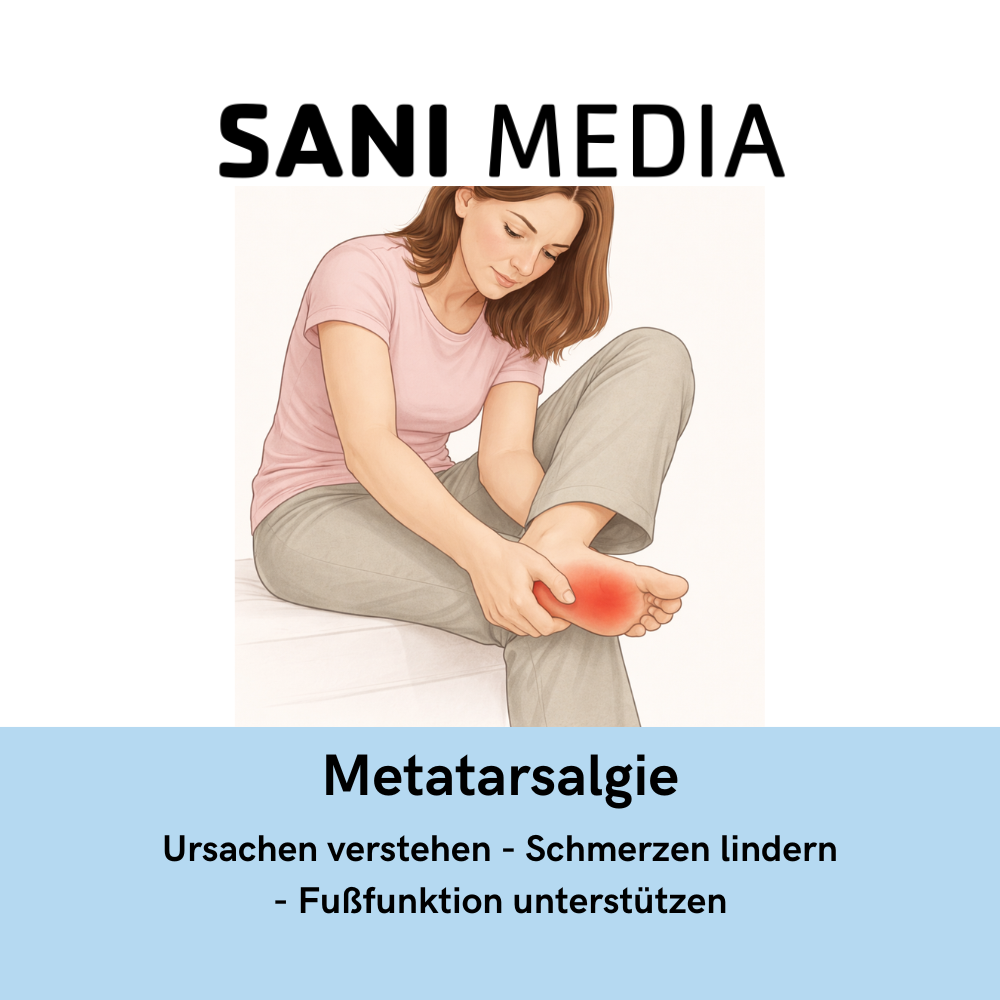 Patientenflyer Metatarsalgie mit Informationen zu Vorfußschmerzen, Ursachen und Entlastungsmöglichkeiten für Sanitätshaus und orthopädische Versorgung